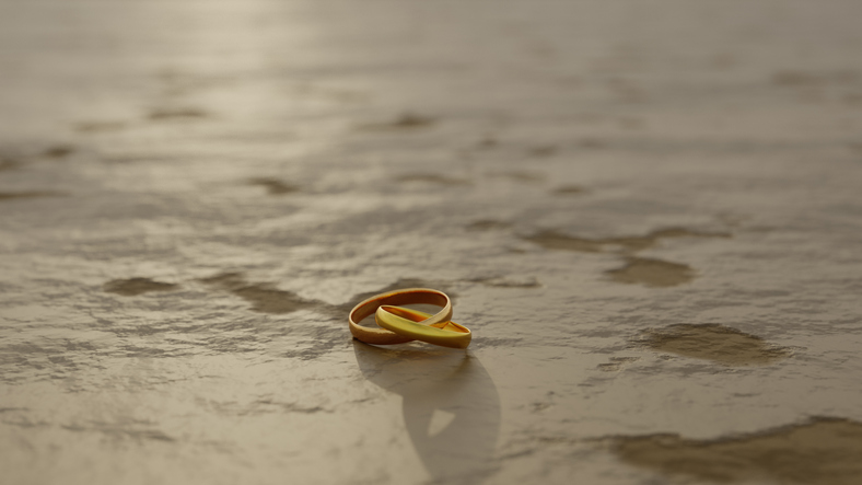 Two gilded rings in the sand and surf are indissolubly linked together.