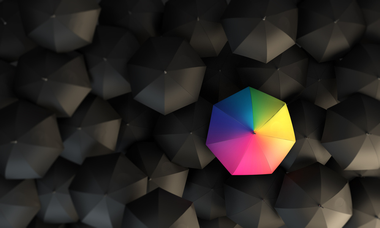 Rainbow colored umbrella between the black umbrellas. ( 3d render )