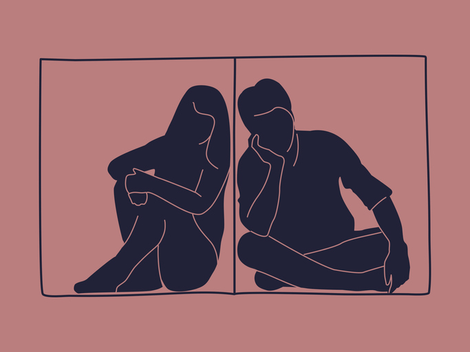Divorce illustration concept. Separated by a wall couple. A man and a woman split up in isolation. Vector.
