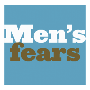 Photo is a button labeled "Men's fears" and is linked to the author bio of author Avrum Weiss. The label has a light blue background, the word Men's is in white, and the word fears is a light brown.