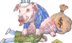 Image shows a color illustration of a giant hog wearing a blue coat, red and white pants, and a tall hat with a money band. The hog is next to a large bag of money, and it has the front hoof on a defeated person who is face down on the ground wearing a green trench coat and light blue jeans, with a graduation cap knocked off of their head. Altogether, the image represents the racket of the student loan system. The image is proprietary to StudentLoanJustice.org