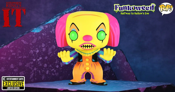 horror, blacklight, pennywise, it, funko pop,exclusive, funkoween, 2022, press release, entertainment earth, funko