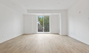 Image shows the inside view of an apartment's empty living room with a sliding glass door to a patio with live green plants. The clean-looking room has white walls and ceiling, and a light ash wood-look floor.
