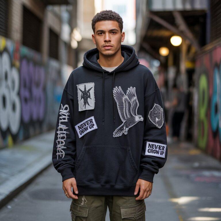 A young man wearing a black oversized hoodie with custom patches.