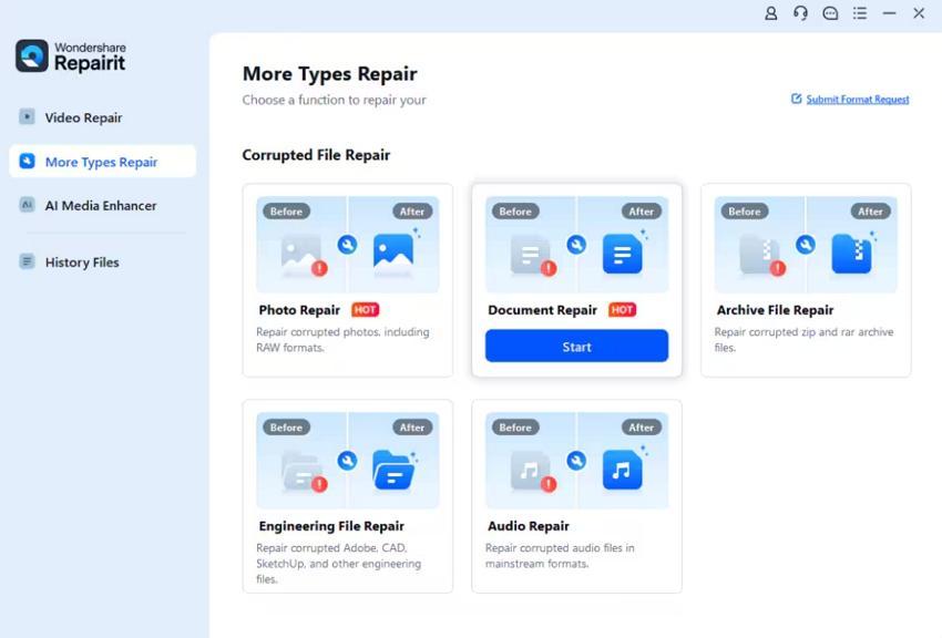 access document repair feature repairit