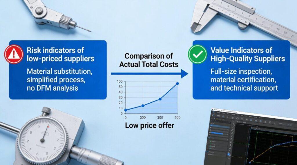Comparison infographic showing cost drivers and value indicators for CNC machining supplier selection