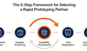 Infographic illustrating the 5-step framework for rapid prototyping supplier selection: Initial Consultation, In-Depth Evaluation, Engineering Collaboration, Transparent Production, and Quality Assurance.