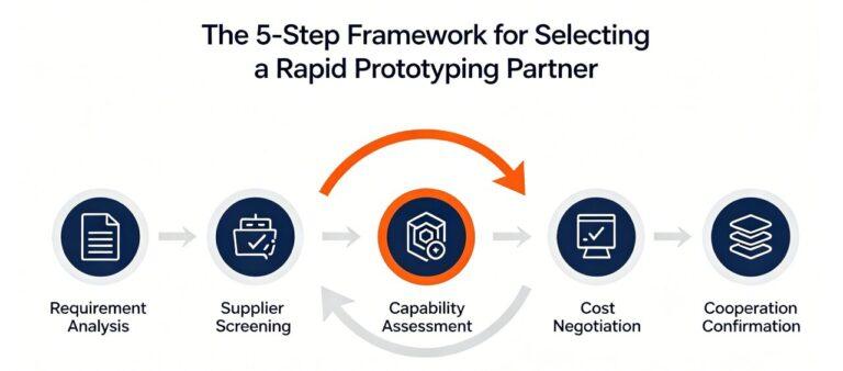 Infographic illustrating the 5-step framework for rapid prototyping supplier selection: Initial Consultation, In-Depth Evaluation, Engineering Collaboration, Transparent Production, and Quality Assurance.