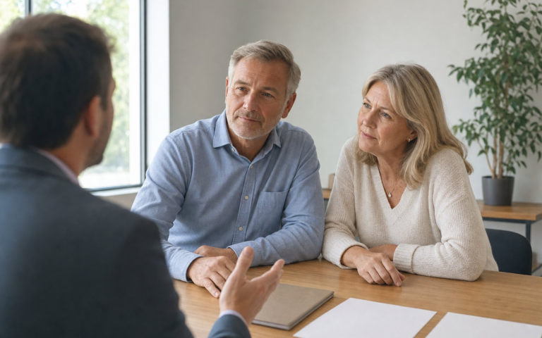 Couple in their fifties meeting with a financial advisor at a conference table