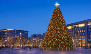 A large illuminated Christmas tree establishes a focal point in an open commercial plaza. Image supplied by HYCLight for publication.