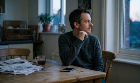 Man sitting alone at a kitchen table in the evening with paperwork beside him