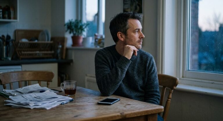 Man sitting alone at a kitchen table in the evening with paperwork beside him