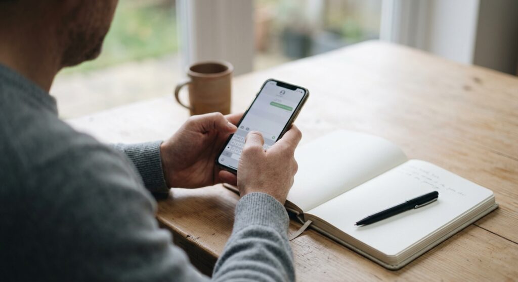 Man composing a short message on a phone beside an open notebook