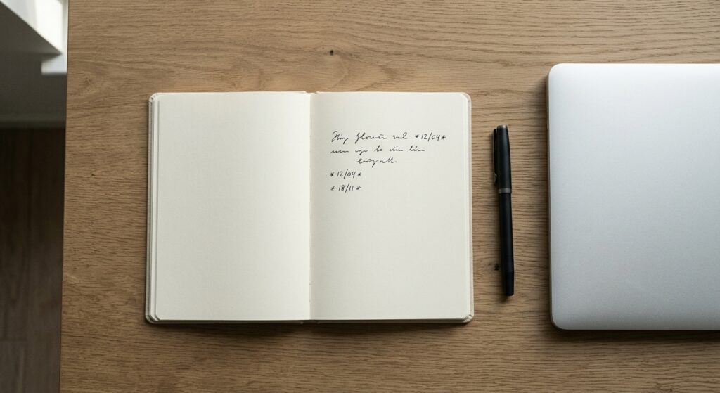 An open notebook with short dated entries beside a pen and closed laptop