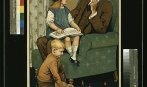 1915 British recruitment poster of a father with his children: Daddy, what did YOU do in the Great War?